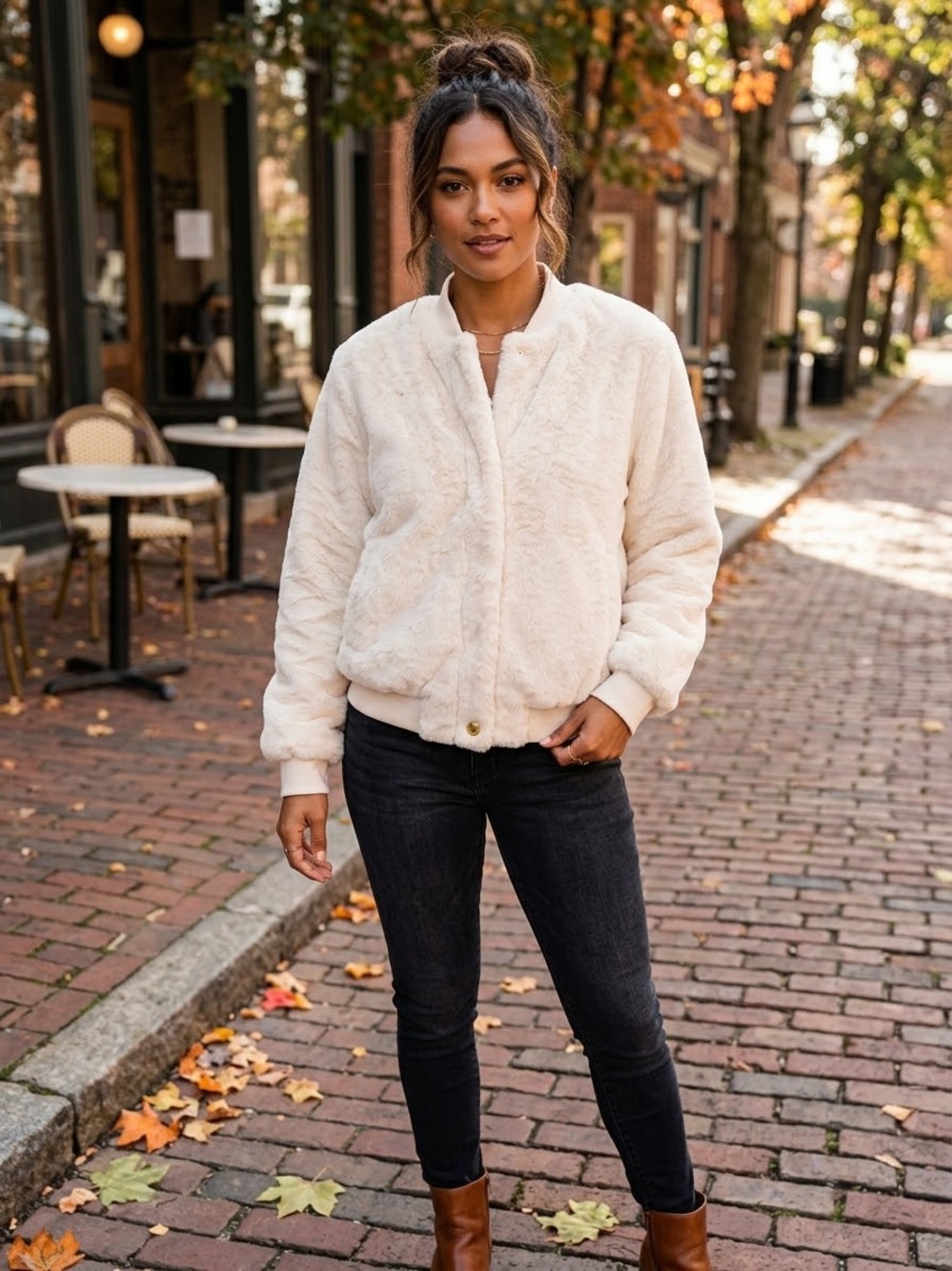 Sanctuary Ivory Faux Fur Zip-Front Bomber Jacket - L/XL